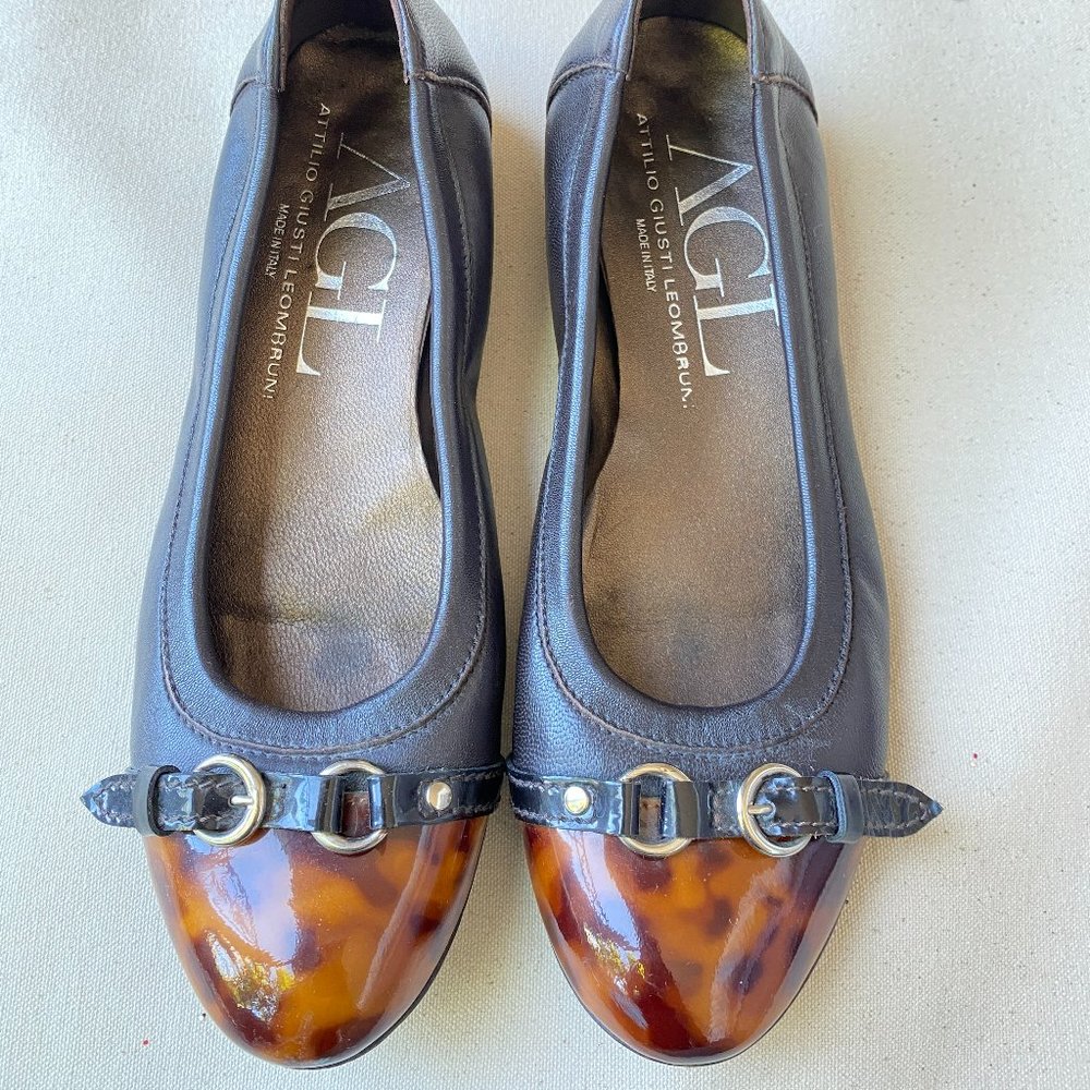 AGL Brown Leather Flats, Tortoiseshell Toe, Silver Buckle Comfortable, Size 37
